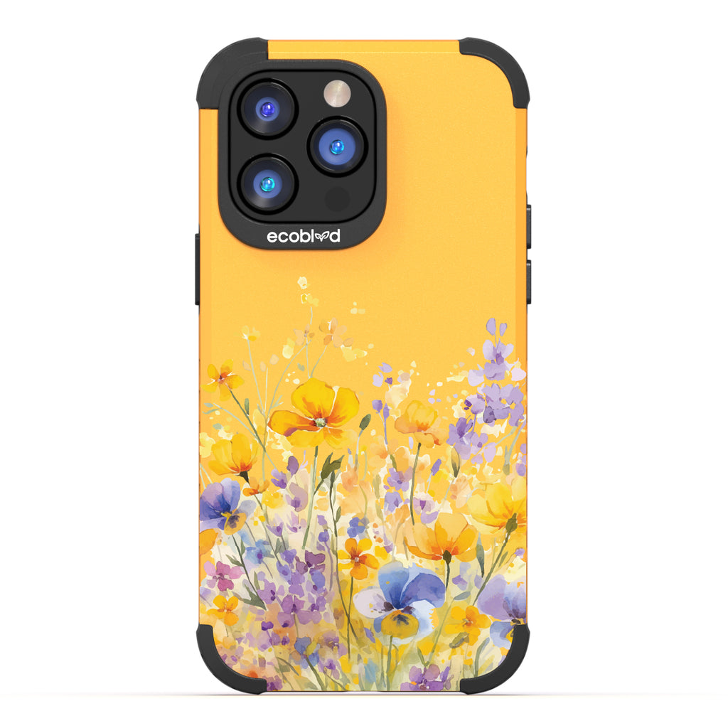 iPhone 14 Pro Max case, rugged compostable phone case in yellow, back view, Meadowlight design