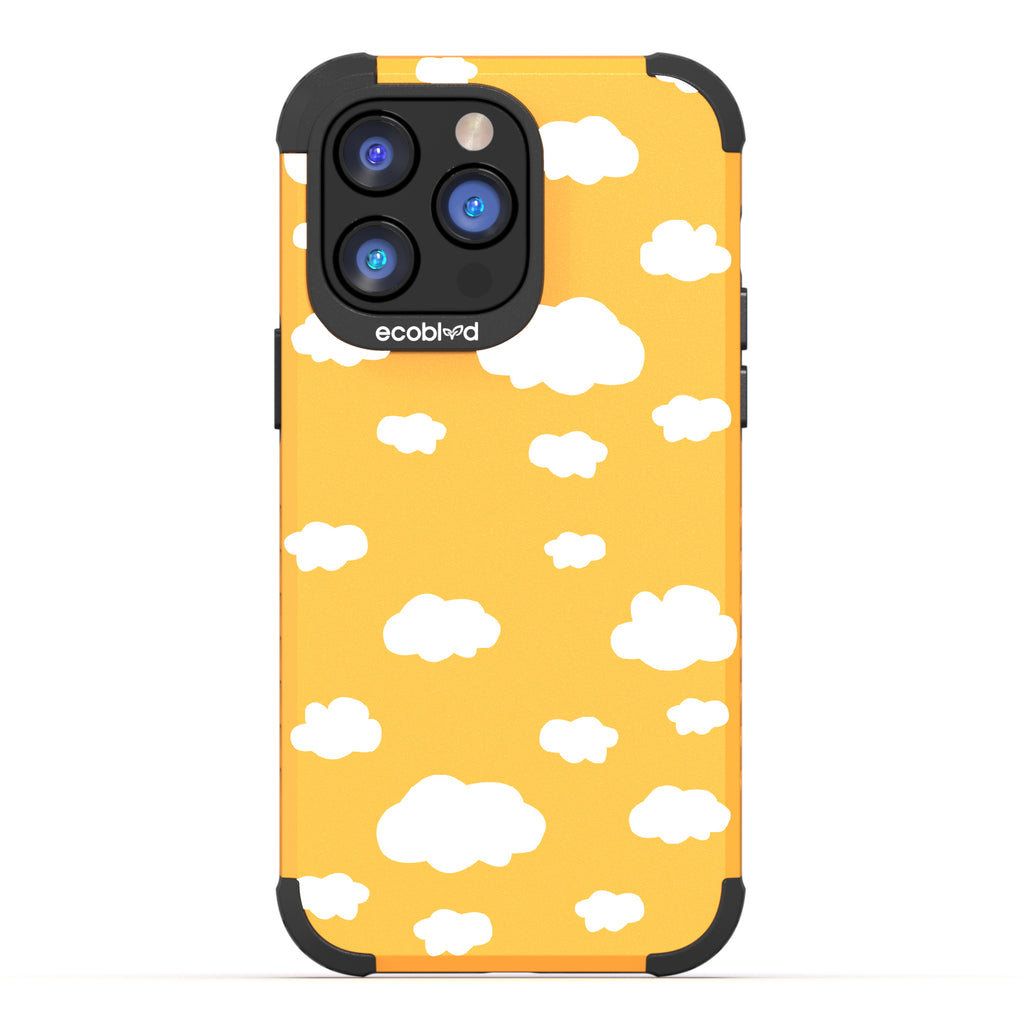 Clouds - Yellow Rugged Eco-Friendly iPhone 14 Pro Max Case With A Fluffy White Cartoon Clouds Print On Back