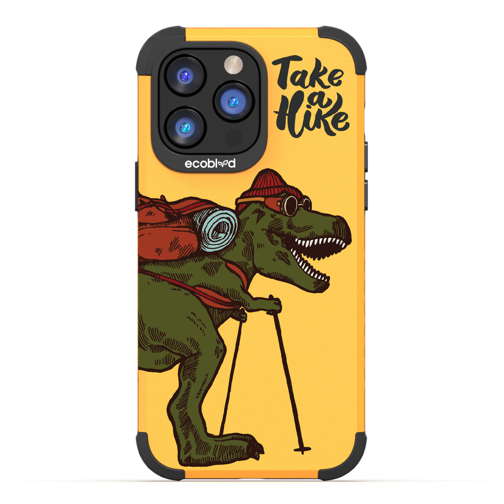 Take A Hike - Yellow Rugged Eco-Friendly iPhone 14 Pro Case With A Trail-Ready T-Rex And A Quote Saying Take A Hike On Back