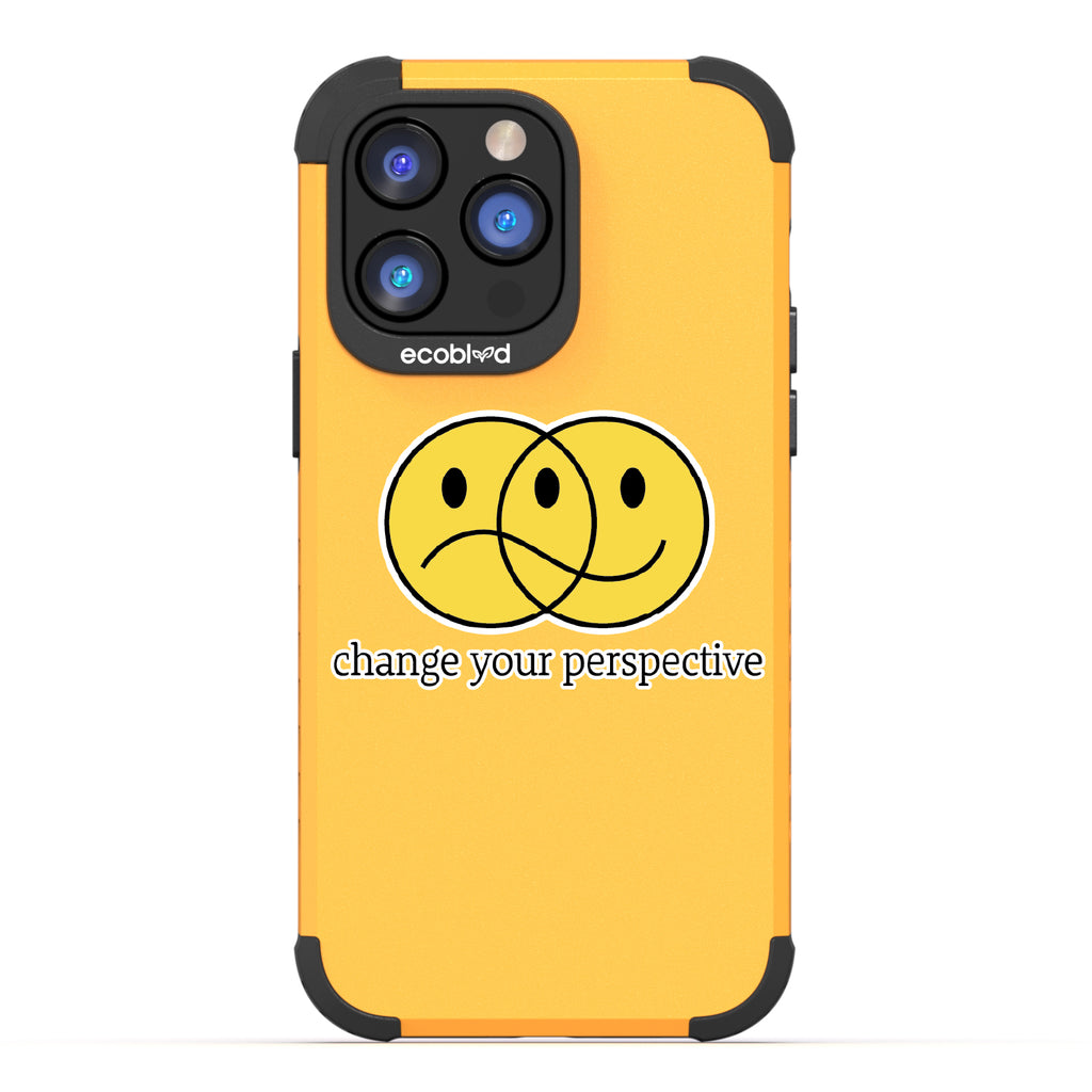 Perspective - Yellow Rugged Eco-Friendly iPhone 14 Pro Case With A Happy/Sad Face & Change Your Perspective On Back