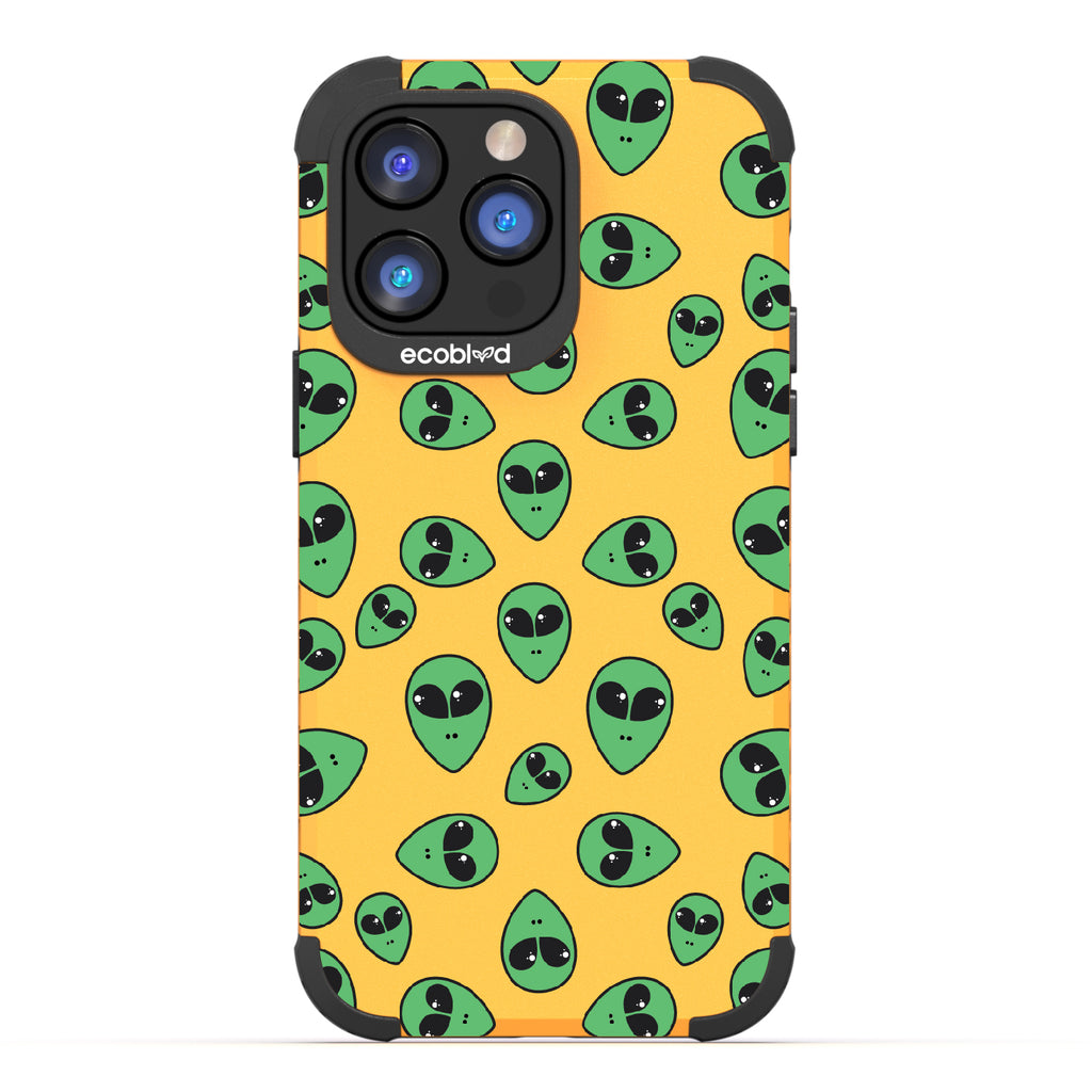 Aliens - Yellow Rugged Eco-Friendly iPhone 14 Pro Case With Green Cartoon Alien Heads On Back
