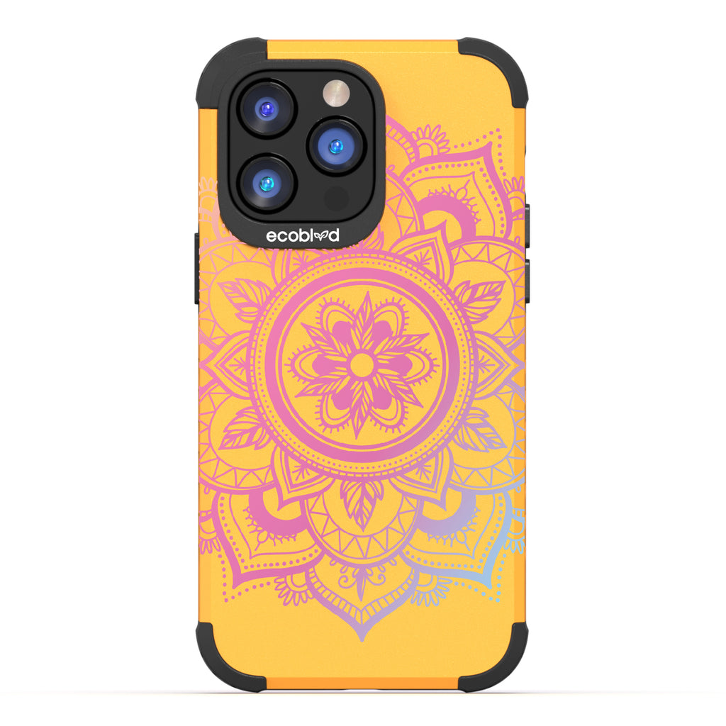 Mandala - Yellow Rugged Eco-Friendly iPhone 14 Pro Case With A Pink Lotus Flower Mandala On Back