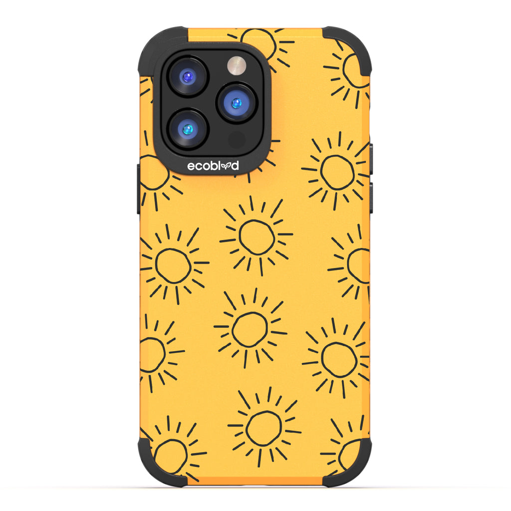 Sun - Yellow Rugged Eco-Friendly iPhone 14 Pro Max Case With Hand-Drawn Suns On Back