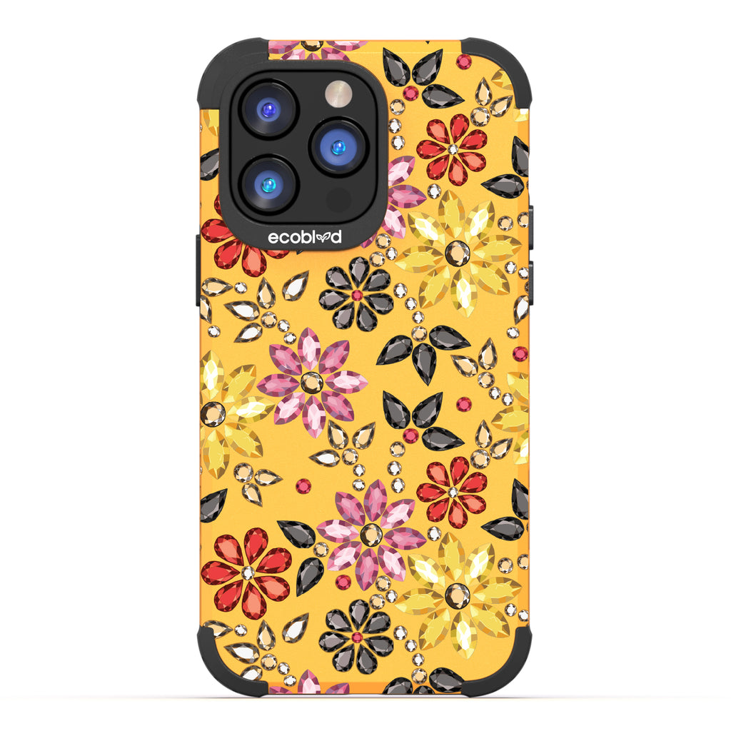 Bejeweled - Rhinestone Jewels In Floral Patterns - Yellow Eco-Friendly Rugged iPhone 14 Pro Case 