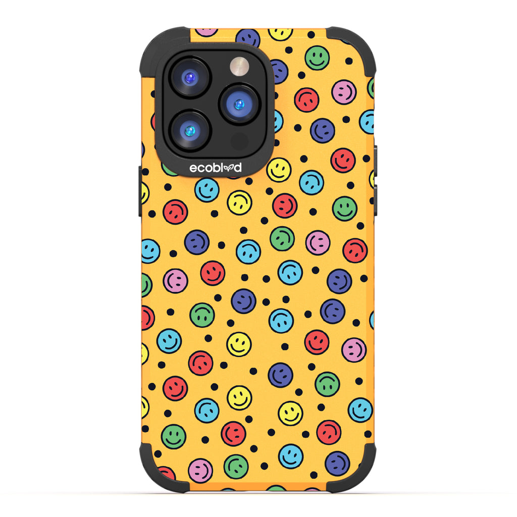 All Smiles - Yellow Rugged Eco-Friendly iPhone 14 Pro Case With Multicolored Smiley Faces & Black Dots On Back