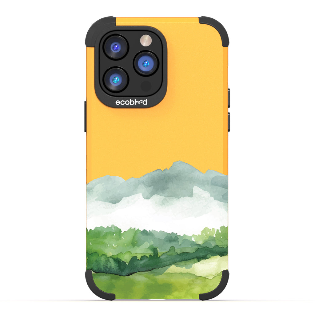 iPhone 14 Pro Max case, rugged compostable phone case in yellow, back view, Open Horizon design