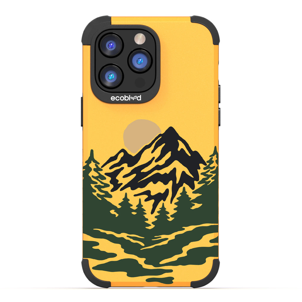Mountains - Yellow Rugged Eco-Friendly iPhone 14 Pro Max Case With A Minimalist Moonlit Mountain Landscape On Back