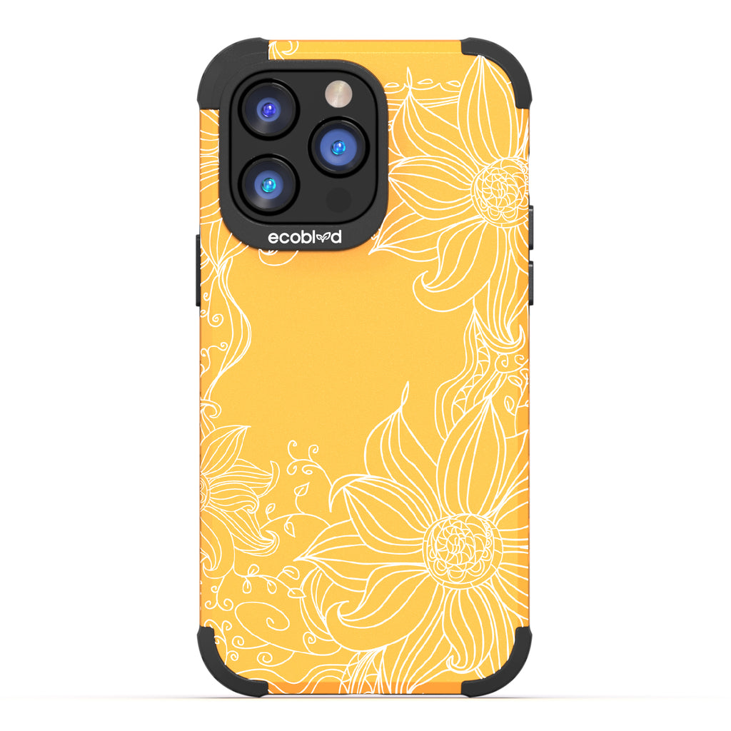 Flower Stencil - Yellow Rugged Eco-Friendly iPhone 14 Pro Max Case With A Sunflower Stencil Line Art Design  On Back