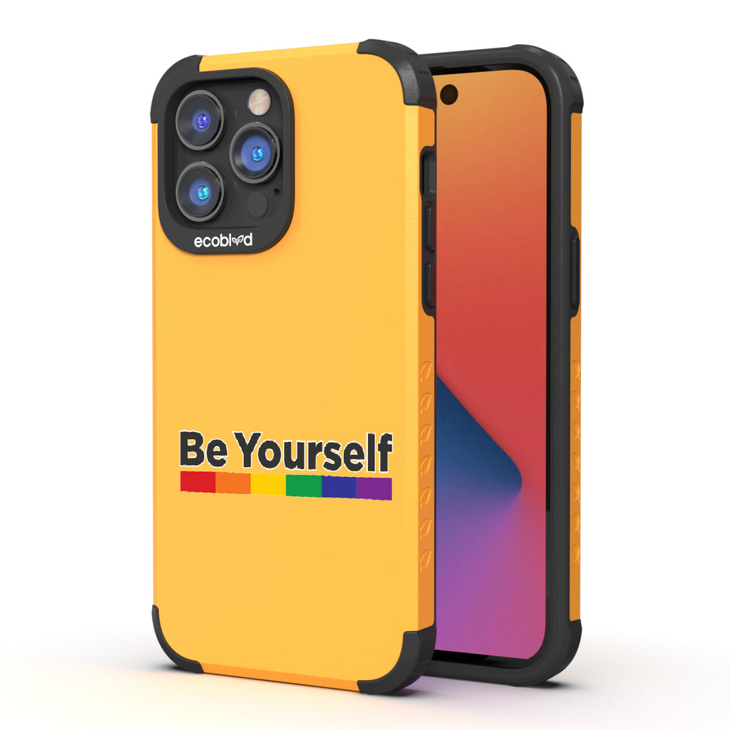  Be Yourself - Back View Of Yellow Eco-Friendly iPhone 14 Pro Max Rugged Case & Front View Of Screen