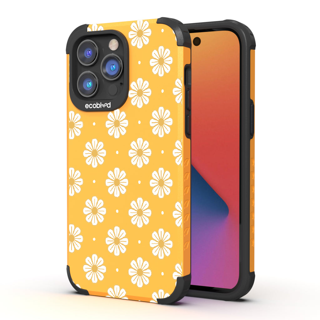 Daisy - Back View Of Yellow & Eco-Friendly Rugged iPhone 14 Pro Case & A Front View Of The Screen