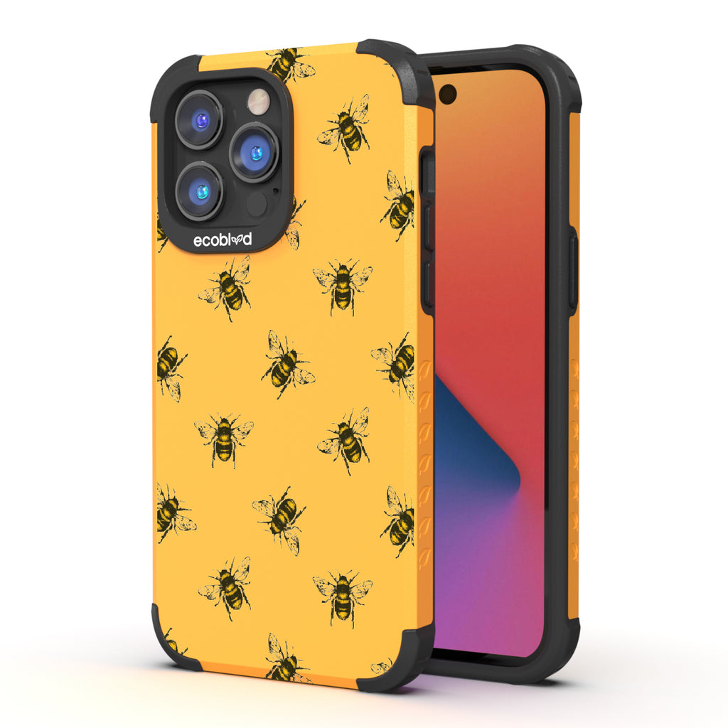 Bees - Back View Of Yellow & Eco-Friendly Rugged iPhone 14 Pro Case & A Front View Of The Screen