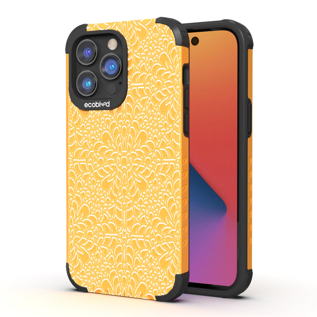 A Lil' Dainty - Back View Of Eco-Friendly Yellow iPhone 14 Pro Max Rugged Case & Front View Of Screen