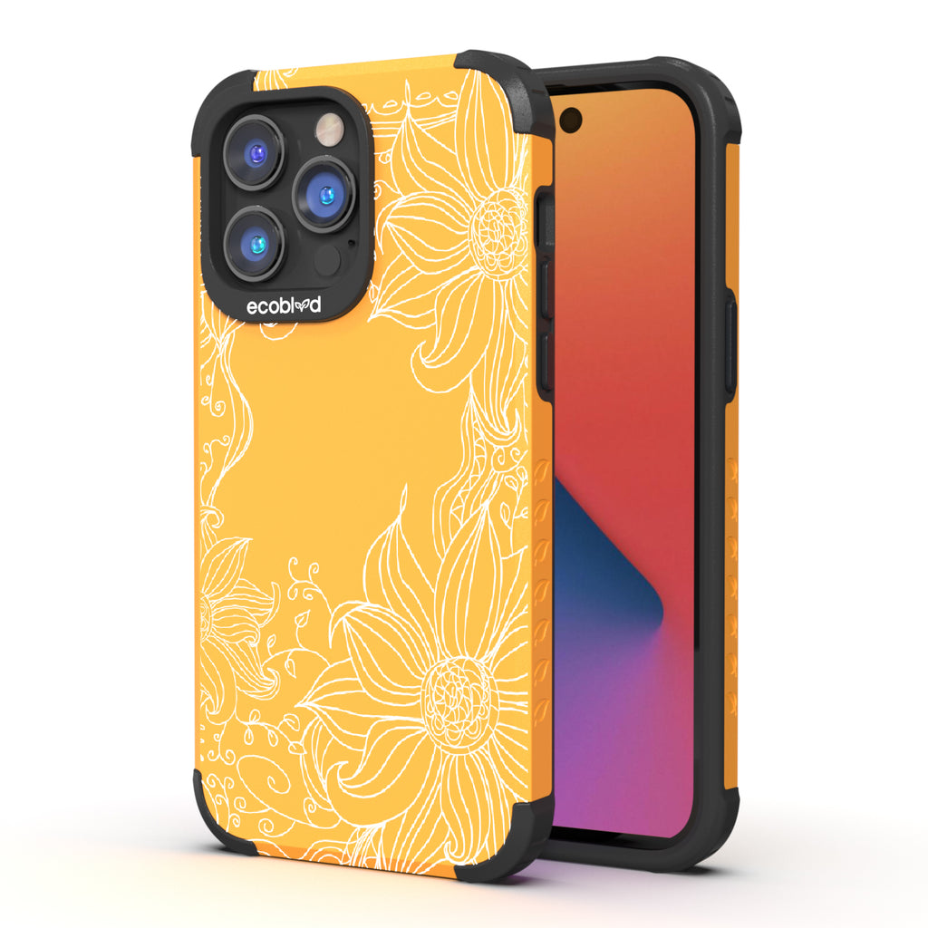 Flower Stencil - Back View Of Yellow & Eco-Friendly Rugged iPhone 14 Pro Max Case & A Front View Of The Screen