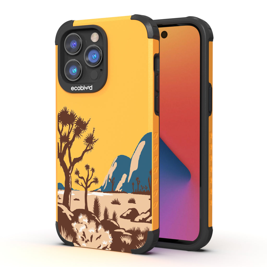 Joshua Tree - Back View Of Yellow & Eco-Friendly Rugged iPhone 14 Pro Max Case & A Front View Of The Screen
