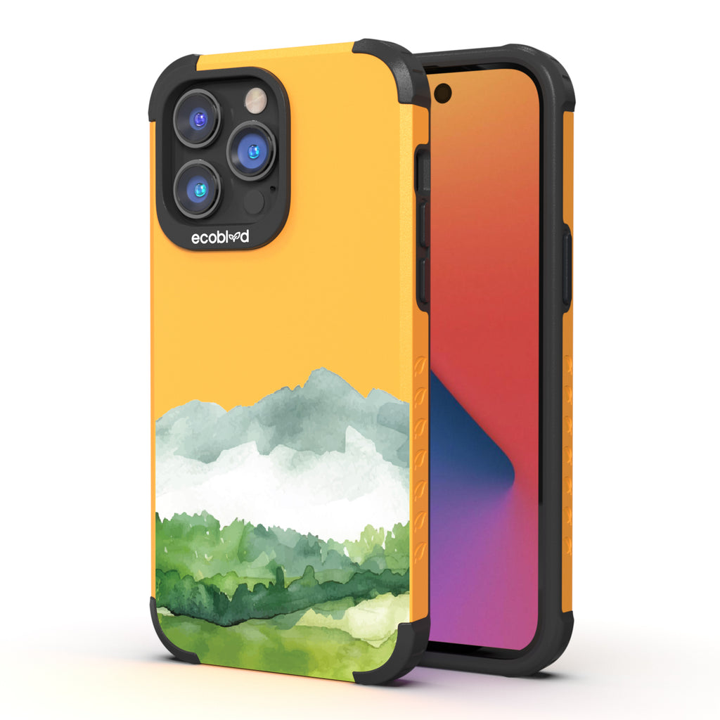 Front and back view of iPhone 14 Pro Max case, rugged compostable phone case in yellow, Open Horizon design