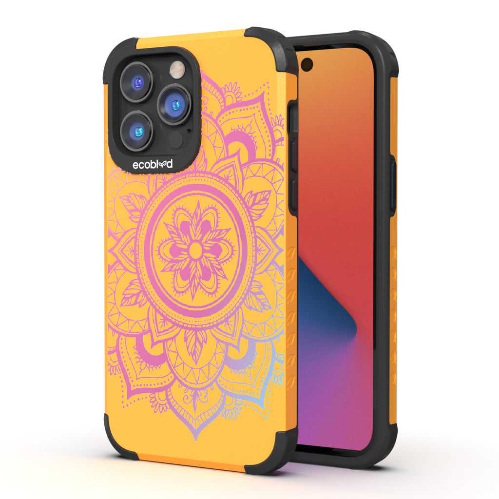 Mandala - Back View Of Yellow & Eco-Friendly Rugged iPhone 14 Pro Max Case & A Front View Of The Screen
