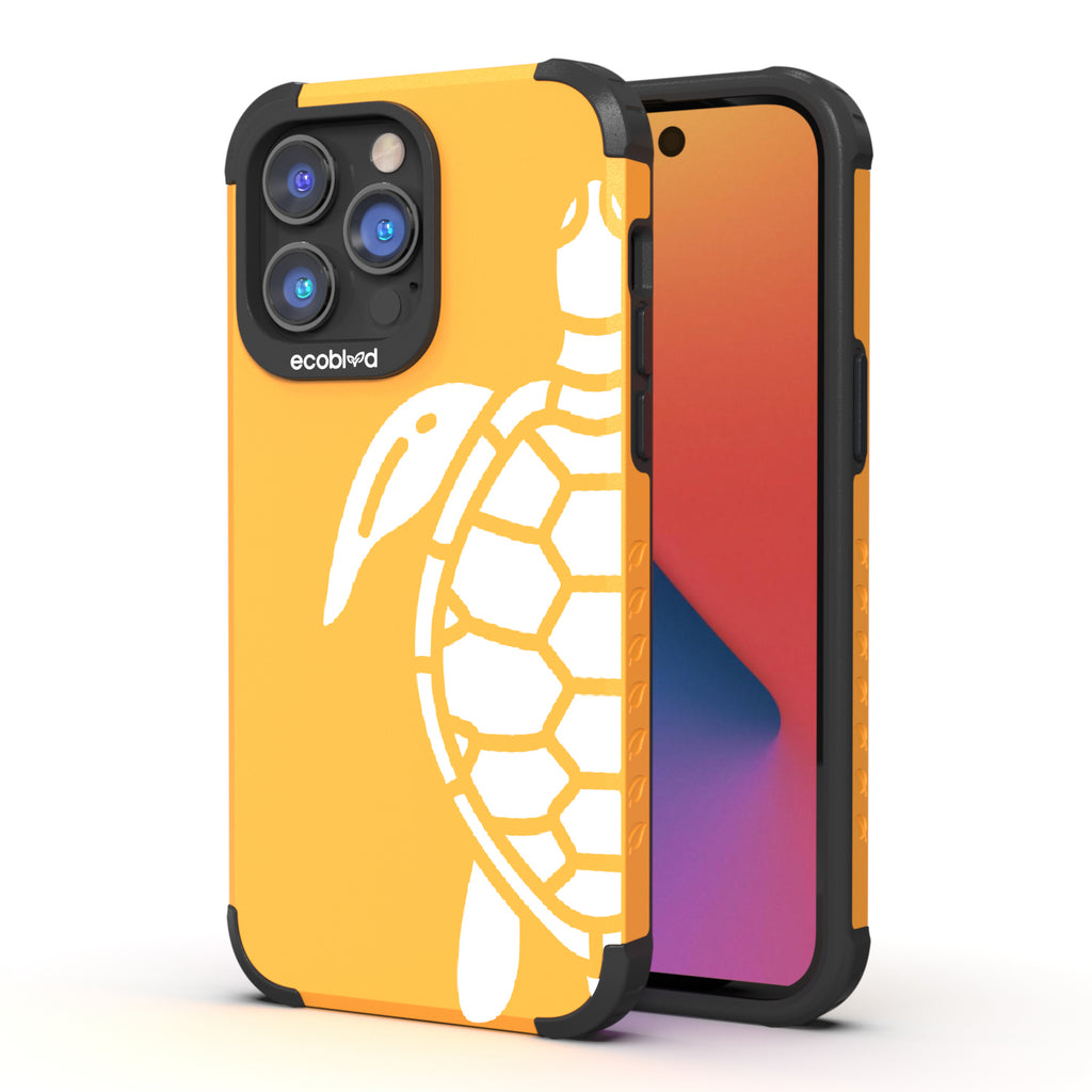 Sea Turtle - Back View Of Yellow & Eco-Friendly Rugged iPhone 14 Pro Case & A Front View Of The Screen