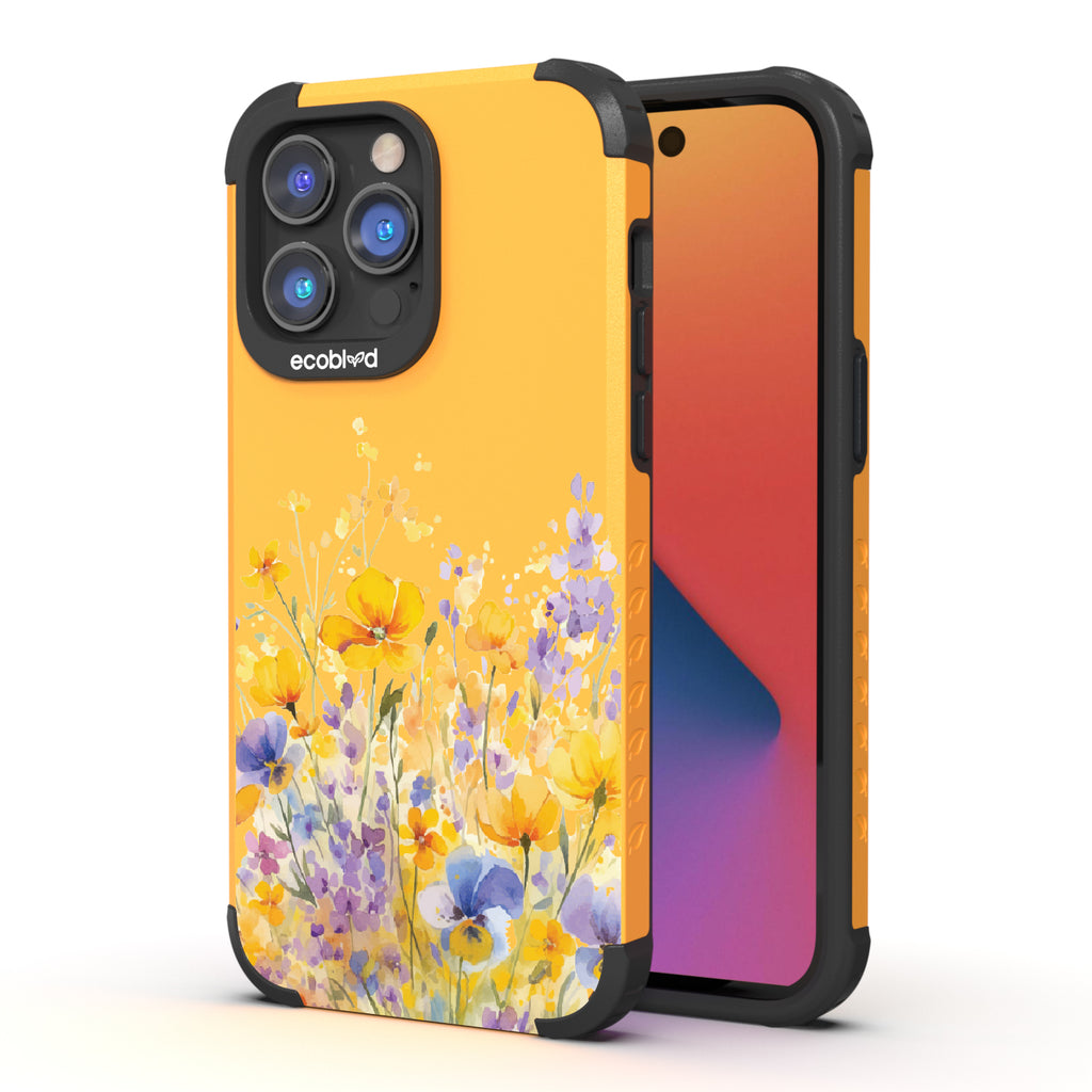 Front and back view of iPhone 14 Pro Max case, rugged compostable phone case in yellow, Meadowlight design