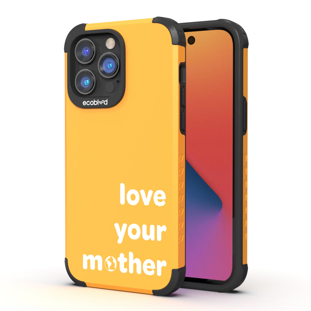 Love Your Mother  - Back View Of Yellow & Eco-Friendly Rugged iPhone 14 Pro Case & A Front View Of The Screen