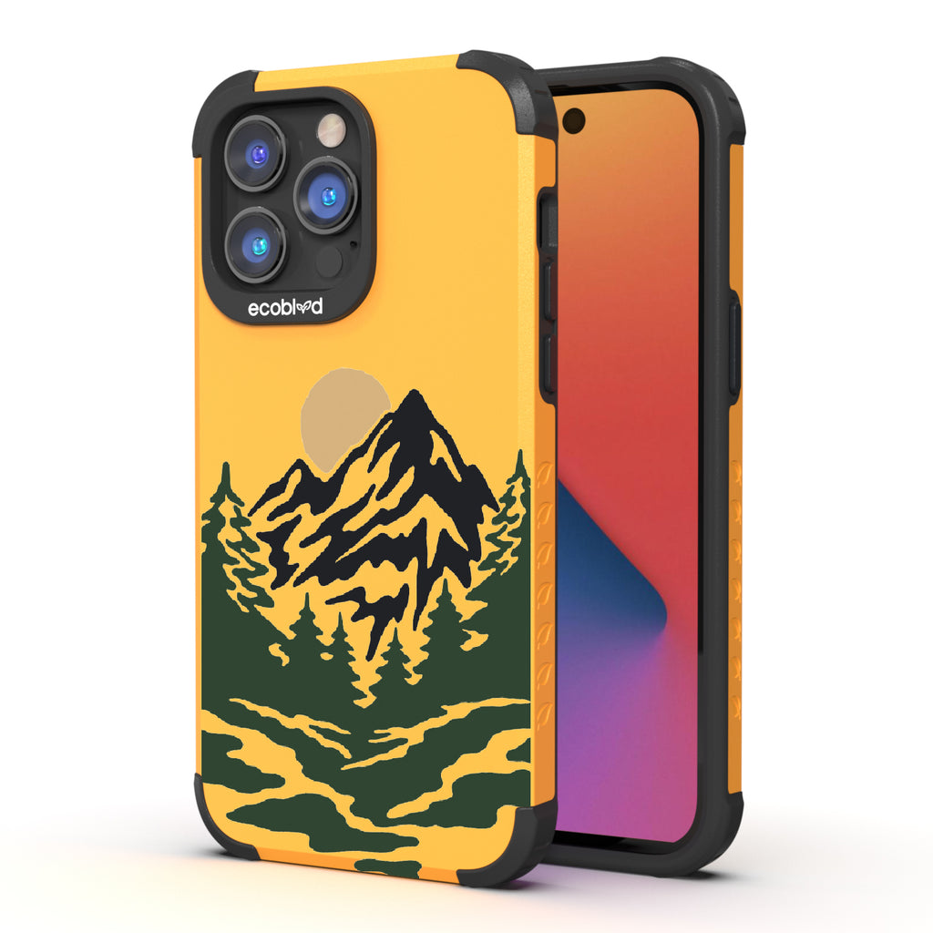 Mountains - Back View Of Yellow & Eco-Friendly Rugged iPhone 14 Pro Max Case & A Front View Of The Screen
