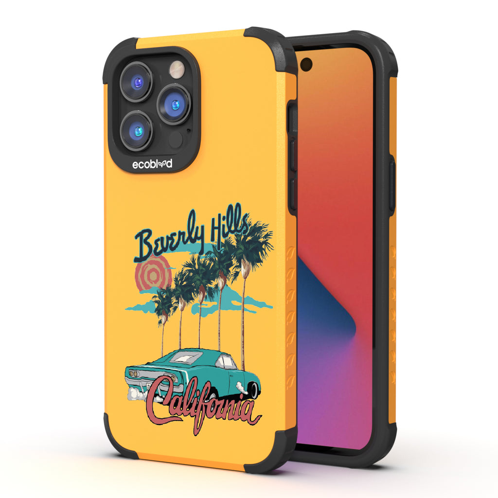 Front and back view of iPhone 14 Plro Max case, rugged compostable phone case in yellow, 90210 design