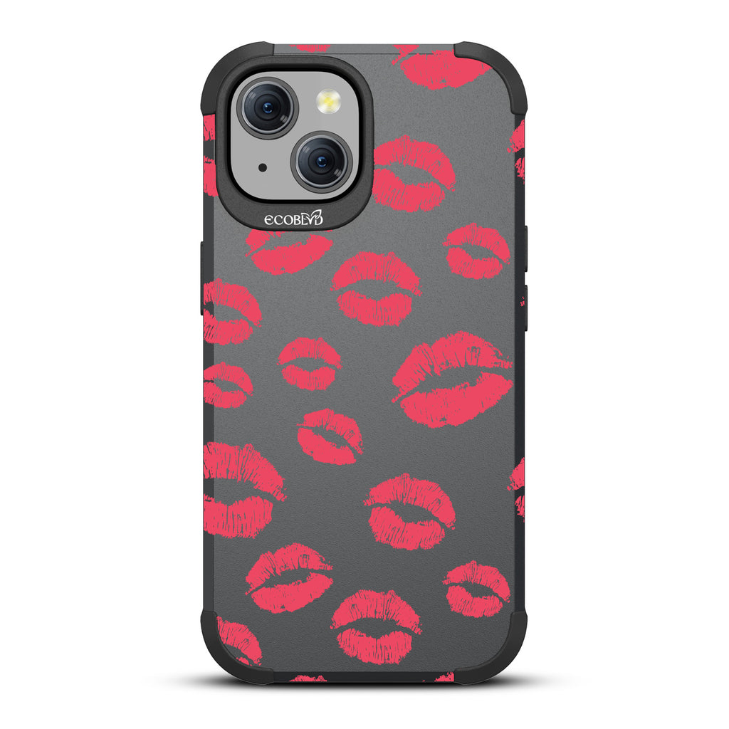 Bisou - Red Lipstick Kisses - Black Eco-Friendly Rugged iPhone 15 MagSafe Case