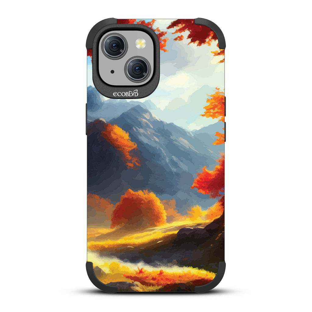 Autumn Canvas - Watercolored Fall Mountain Landscape - Black Eco-Friendly Rugged iPhone 15 MagSafe Case 