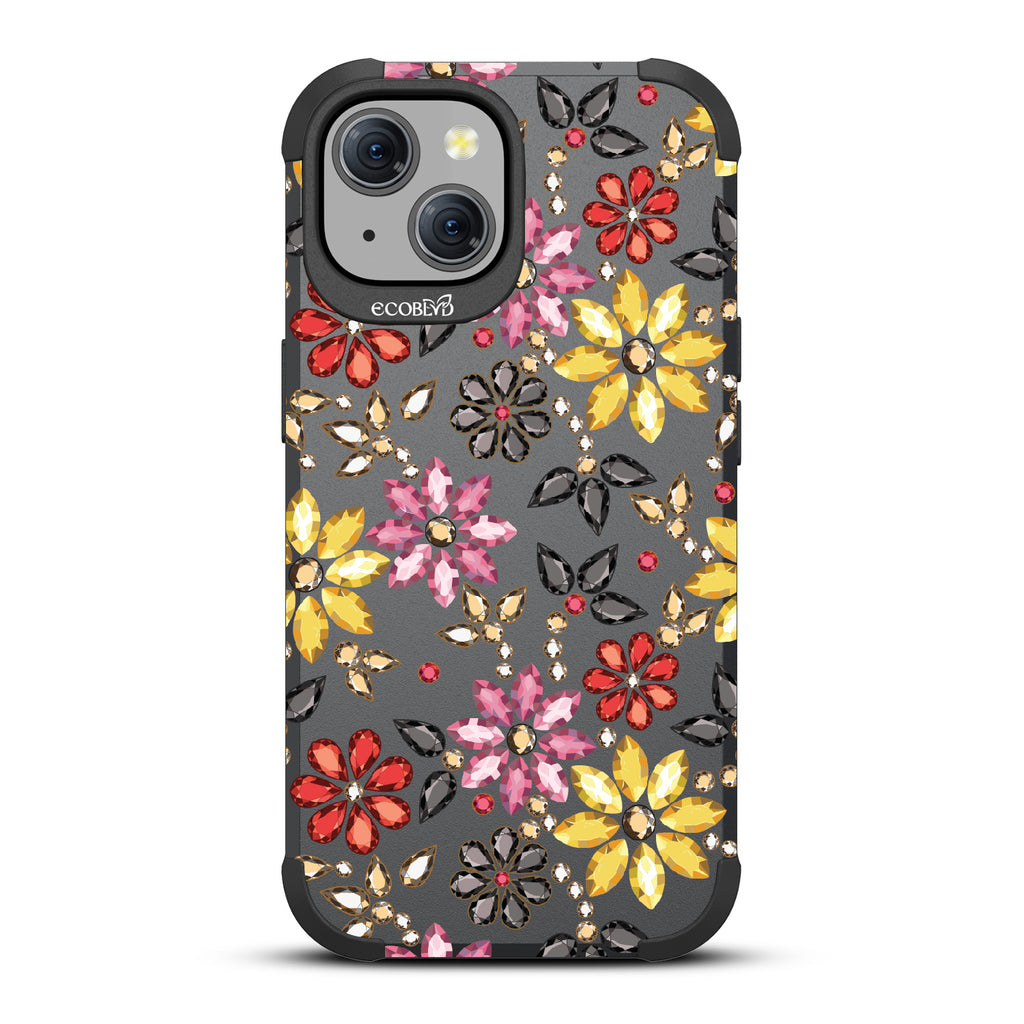 Bejeweled - Rhinestone Jewels In Floral Patterns - Black Eco-Friendly Rugged iPhone 15 MagSafe Case 