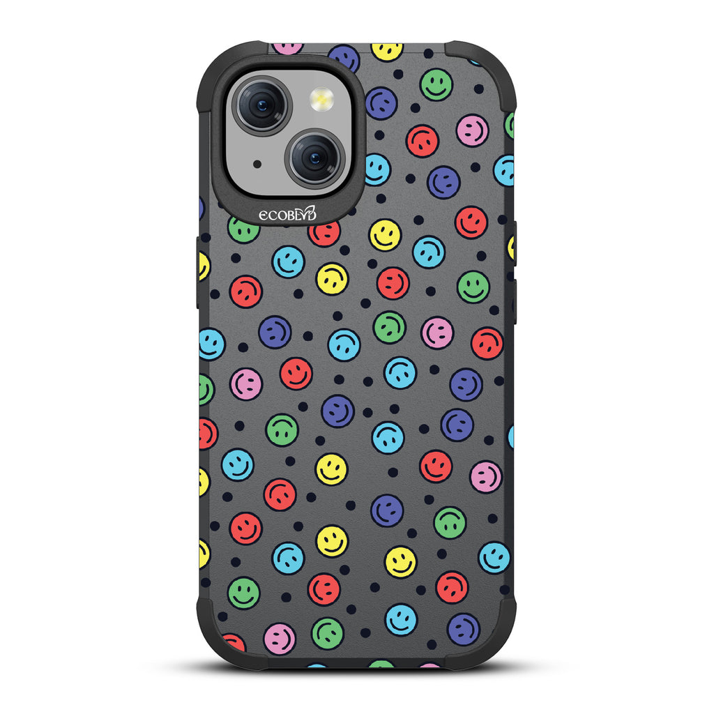 All Smiles - Multi Colored Smiley Faces & Black Dots - Black Eco-Friendly Rugged iPhone 15 MagSafe Case 