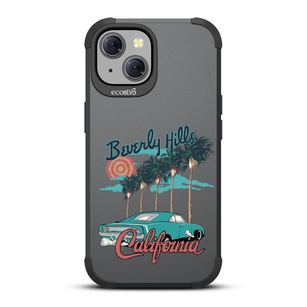 iPhone 15 case, rugged compostable phone case in black, back view, 90210 design