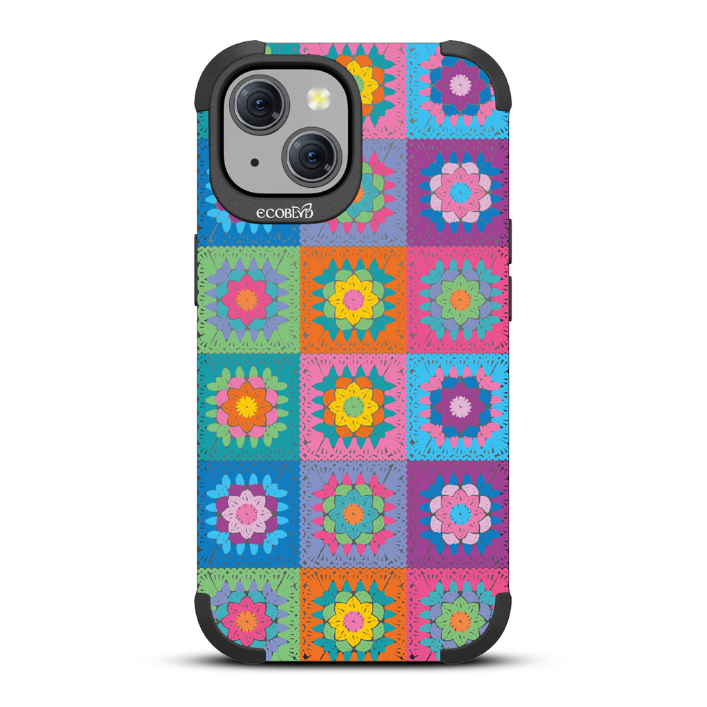 All Squared Away - Pastel Vintage Granny Squares Crochet - Black Eco-Friendly Rugged iPhone 15 MagSafe Case