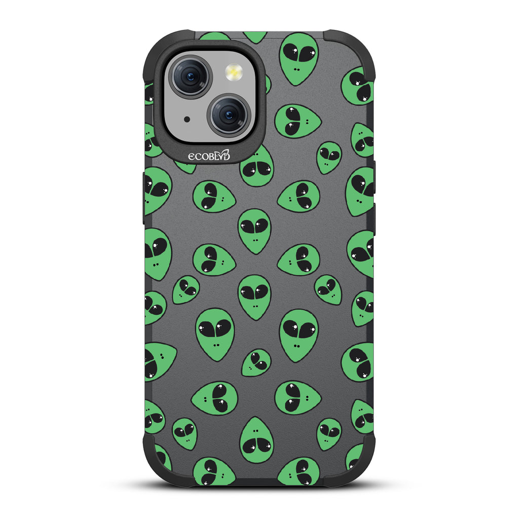 Aliens - Green Cartoon Alien Heads - Black Eco-Friendly Rugged iPhone 15 MagSafe Case
