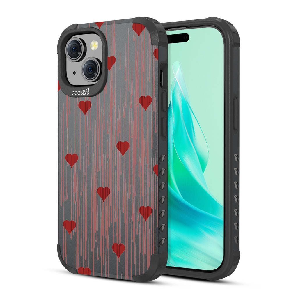  Bleeding Hearts - Back View Of Black Eco-Friendly iPhone 15 Rugged MagSafe Case & Front View Of Screen