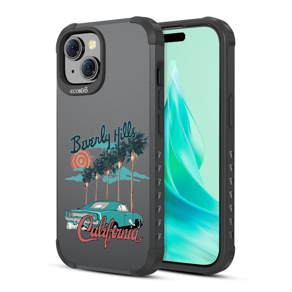 Front and back view of iPhone 15 case, rugged compostable phone case in black, 90210 design