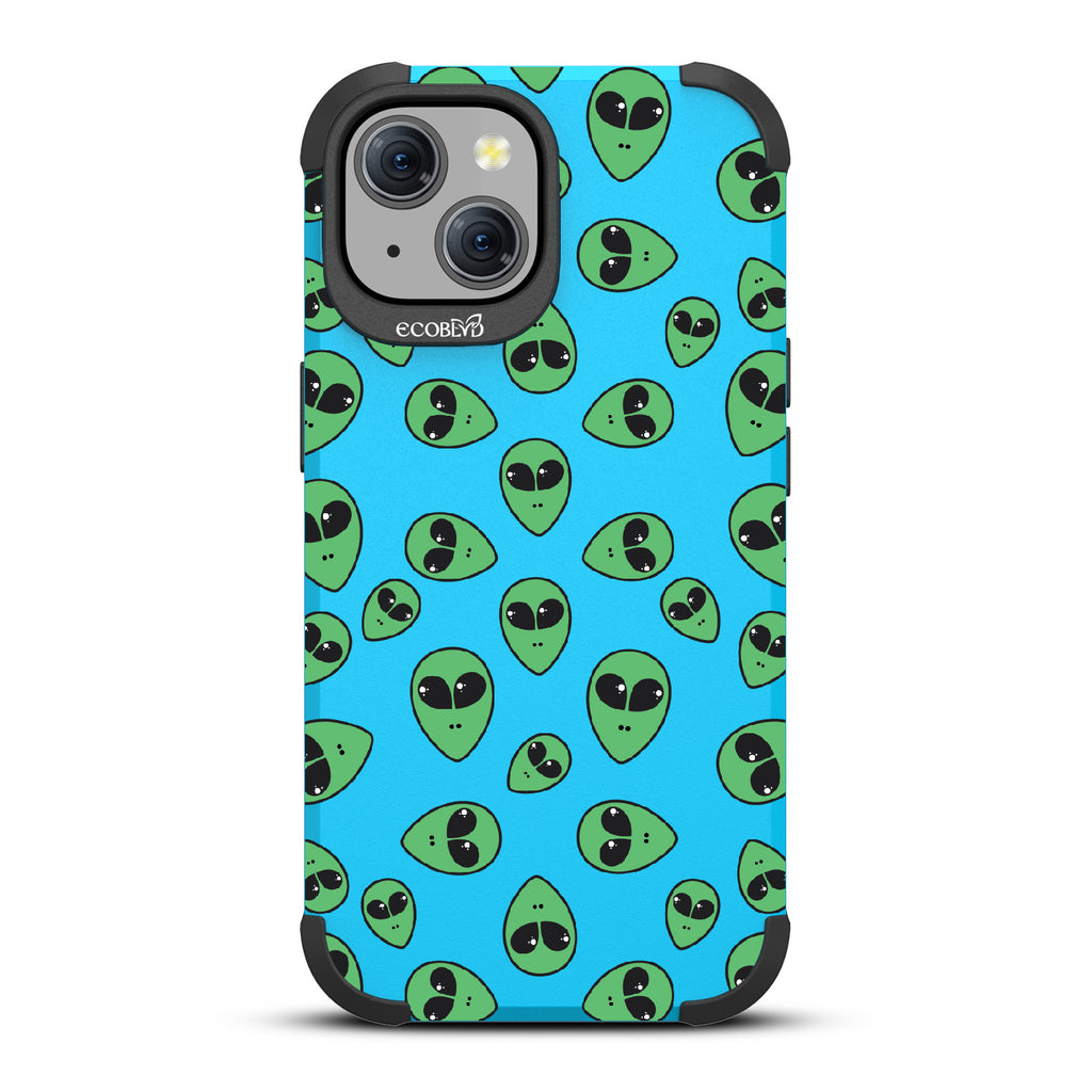 Aliens - Green Cartoon Alien Heads - Blue Eco-Friendly Rugged iPhone 15 MagSafe Case