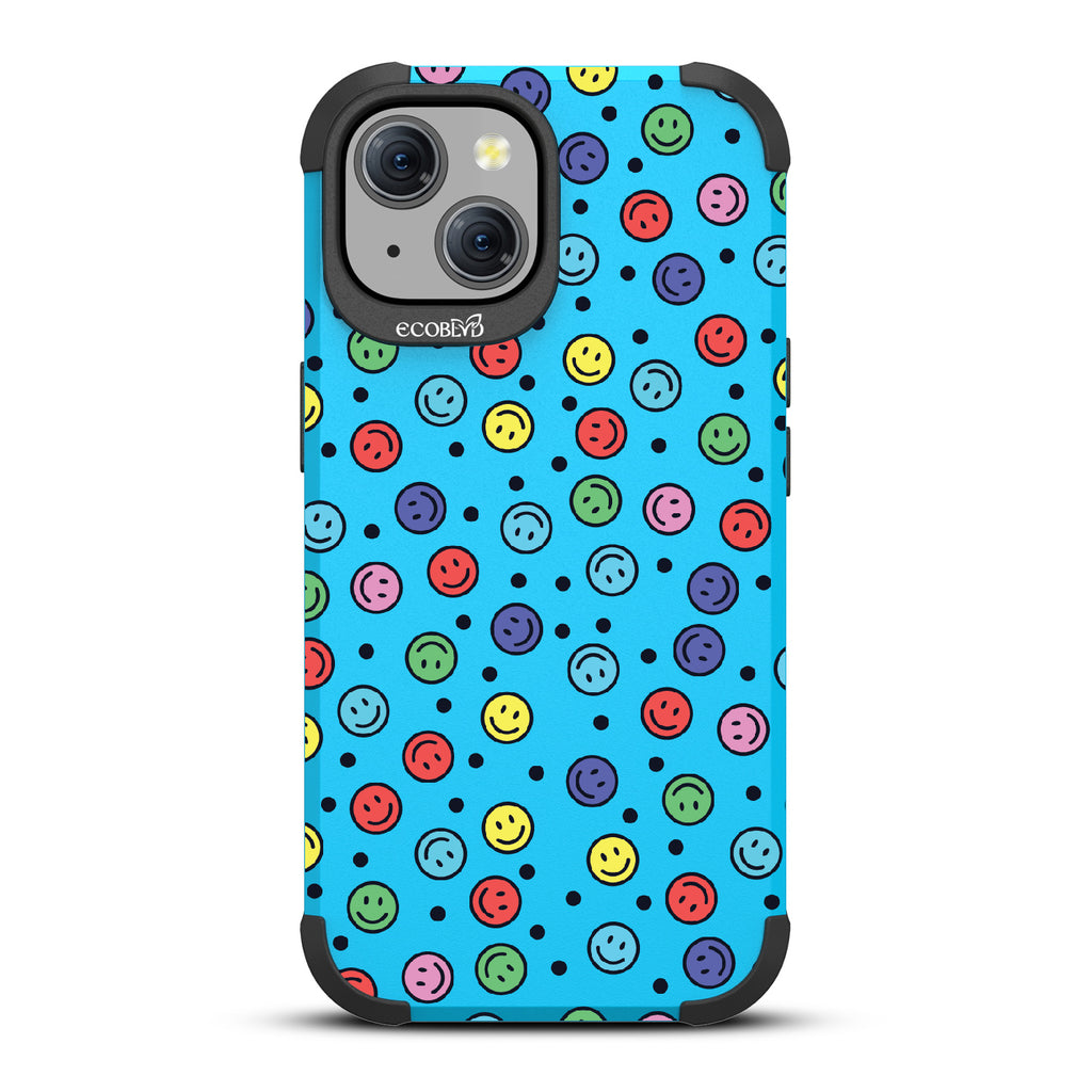 All Smiles - Multi Colored Smiley Faces & Black Dots - Blue Eco-Friendly Rugged iPhone 15 MagSafe Case 