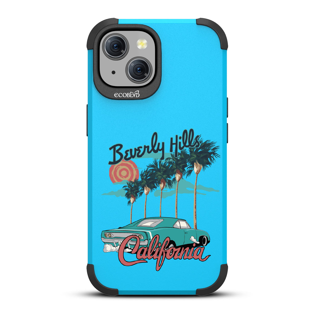 iPhone 15 case, rugged compostable phone case in blue, back view, 90210 design