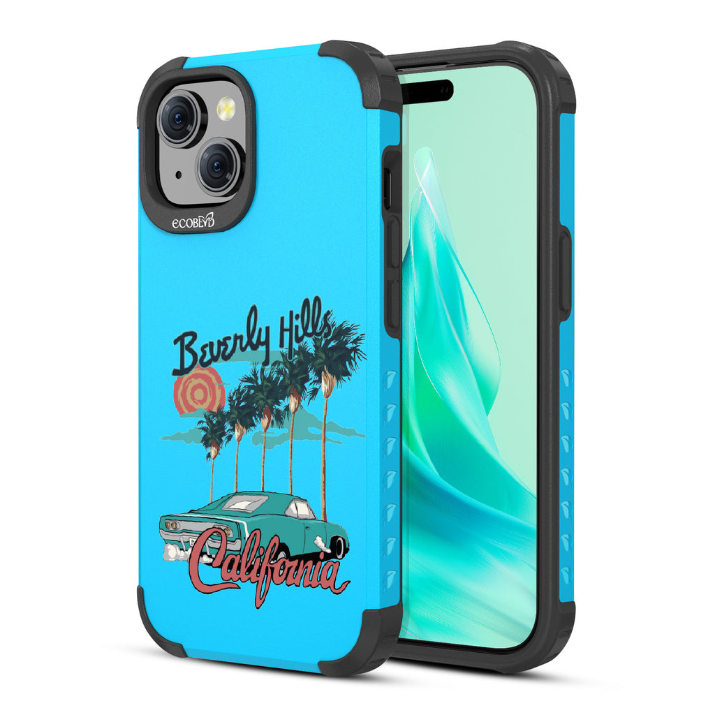 Front and back view of iPhone 15 case, rugged compostable phone case in blue, 90210 design