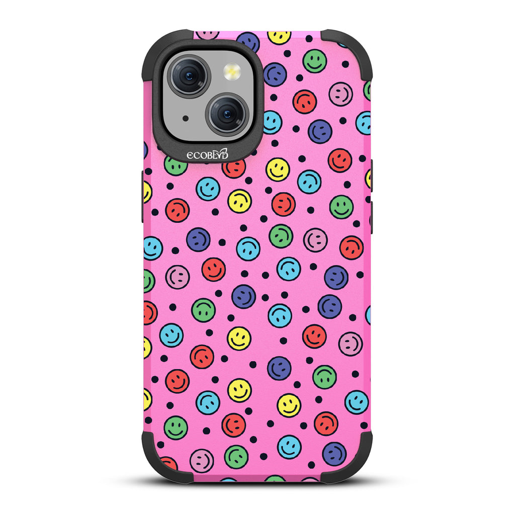 All Smiles - Multi Colored Smiley Faces & Black Dots - Pink Eco-Friendly Rugged iPhone 15 MagSafe Case 