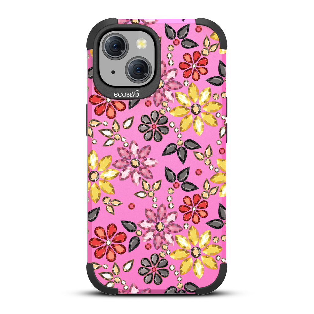 Bejeweled - Rhinestone Jewels In Floral Patterns - Pink Eco-Friendly Rugged iPhone 15 MagSafe Case