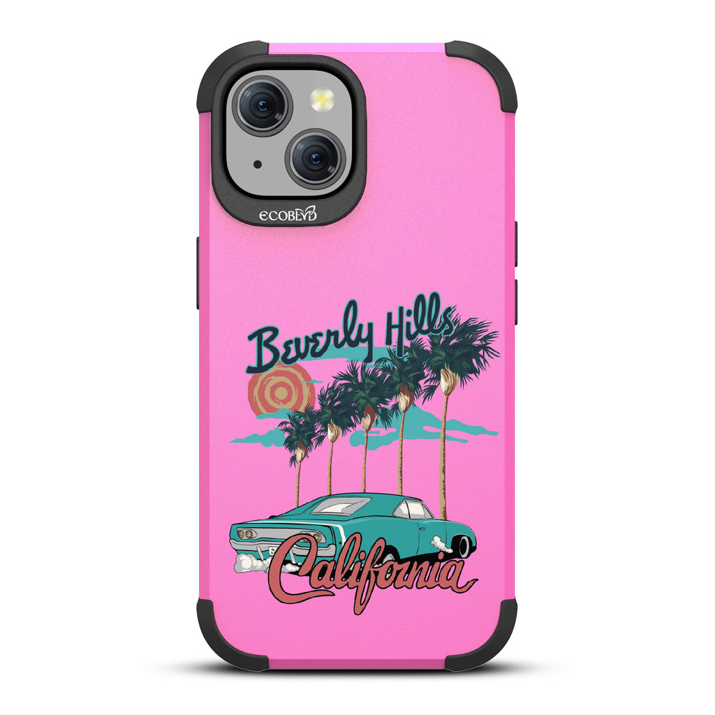 iPhone 15 case, rugged compostable phone case in pink, back view, 90210 design