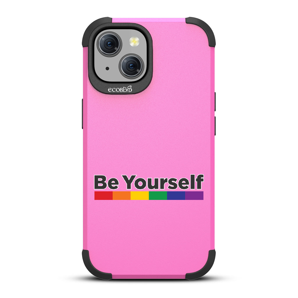 Be Yourself - Be Yourself + Rainbow Gradient Line - Pink Eco-Friendly Rugged iPhone 15 MagSafe Case