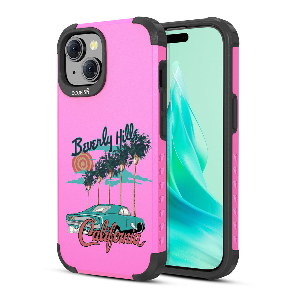 Front and back view of iPhone 15 case, rugged compostable phone case in pink, 90210 design