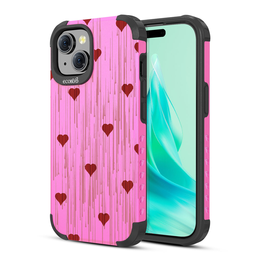 Bleeding Hearts - Back View Of Pink Eco-Friendly iPhone 15 Rugged MagSafe Case & Front View Of Screen