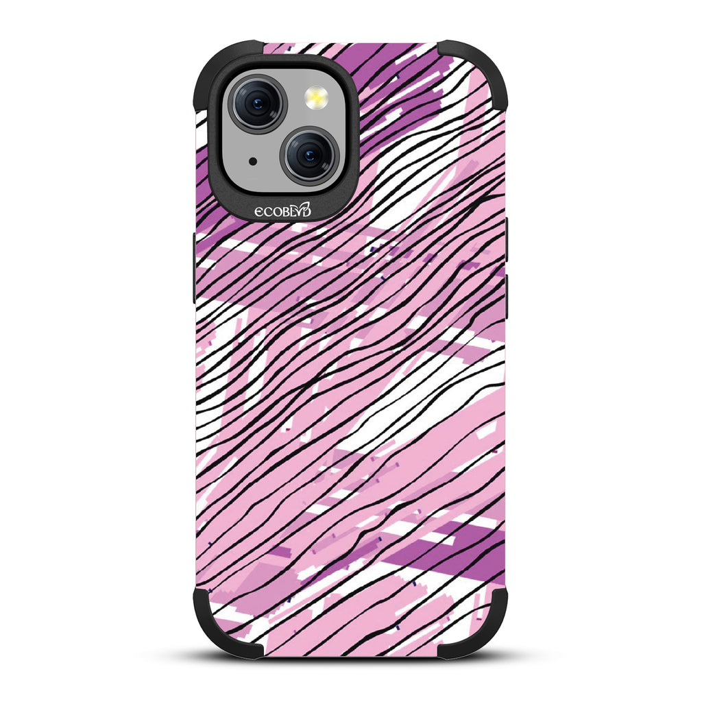 Abstract Rhythms - Abstract Art Of Pink + Purple Paint, Black Stripes - Pastel Lilac Eco-Friendly Rugged iPhone 15 MagSafe Case