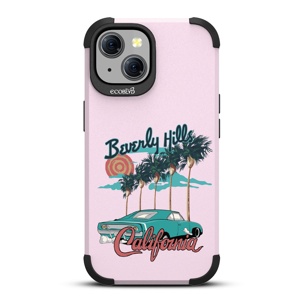 iPhone 15 case, rugged compostable phone case in lilac, back view, 90210 design