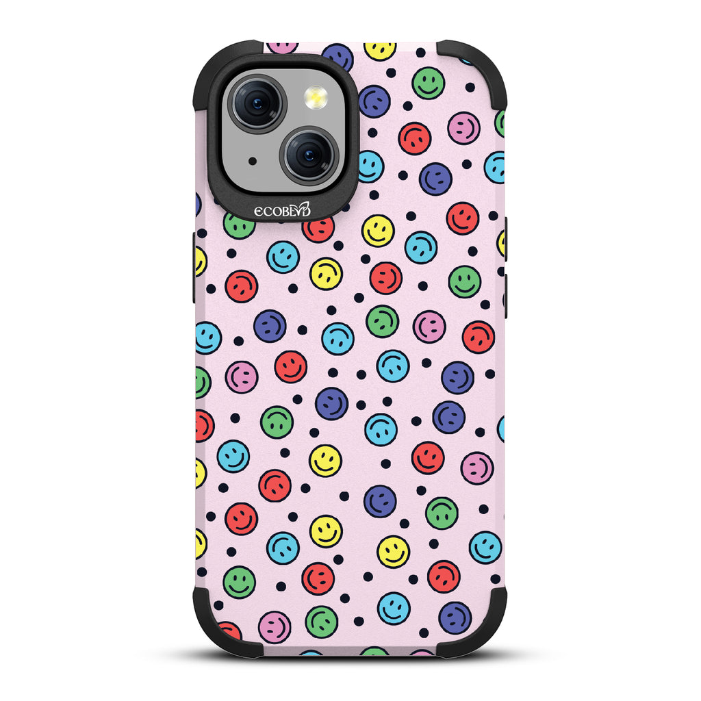 All Smiles - Multi Colored Smiley Faces & Black Dots - Pastel Lilac Eco-Friendly Rugged iPhone 15 MagSafe Case 