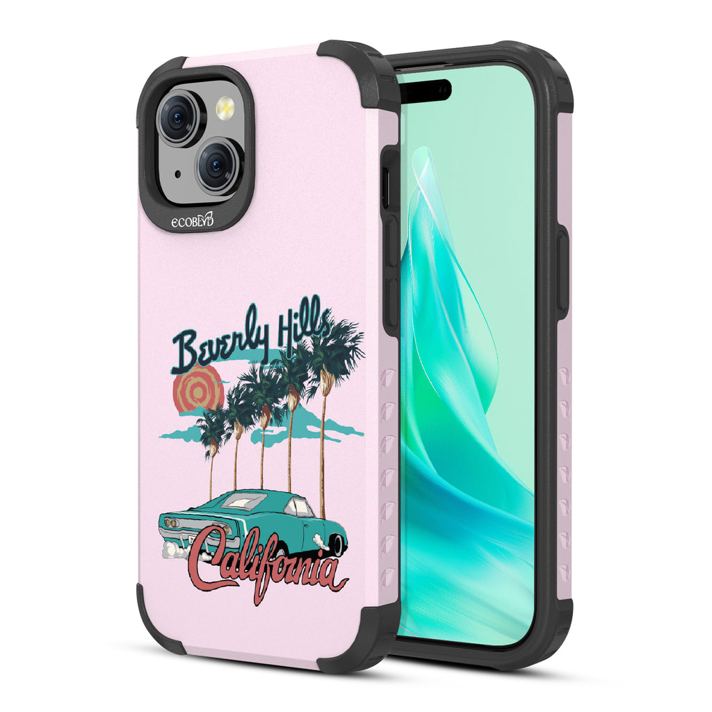Front and back view of iPhone 15 case, rugged compostable phone case in lilac, 90210 design
