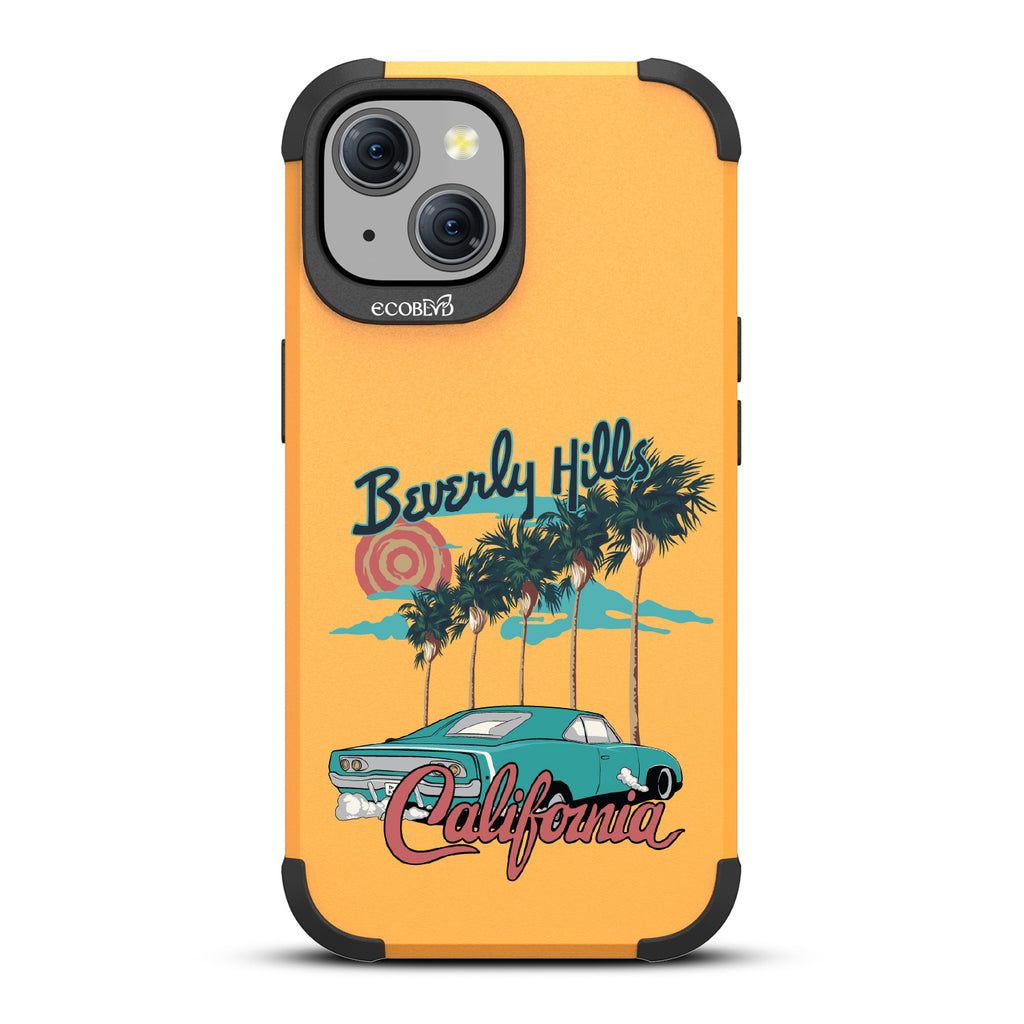 iPhone 15 case, rugged compostable phone case in yellow, back view, 90210 design