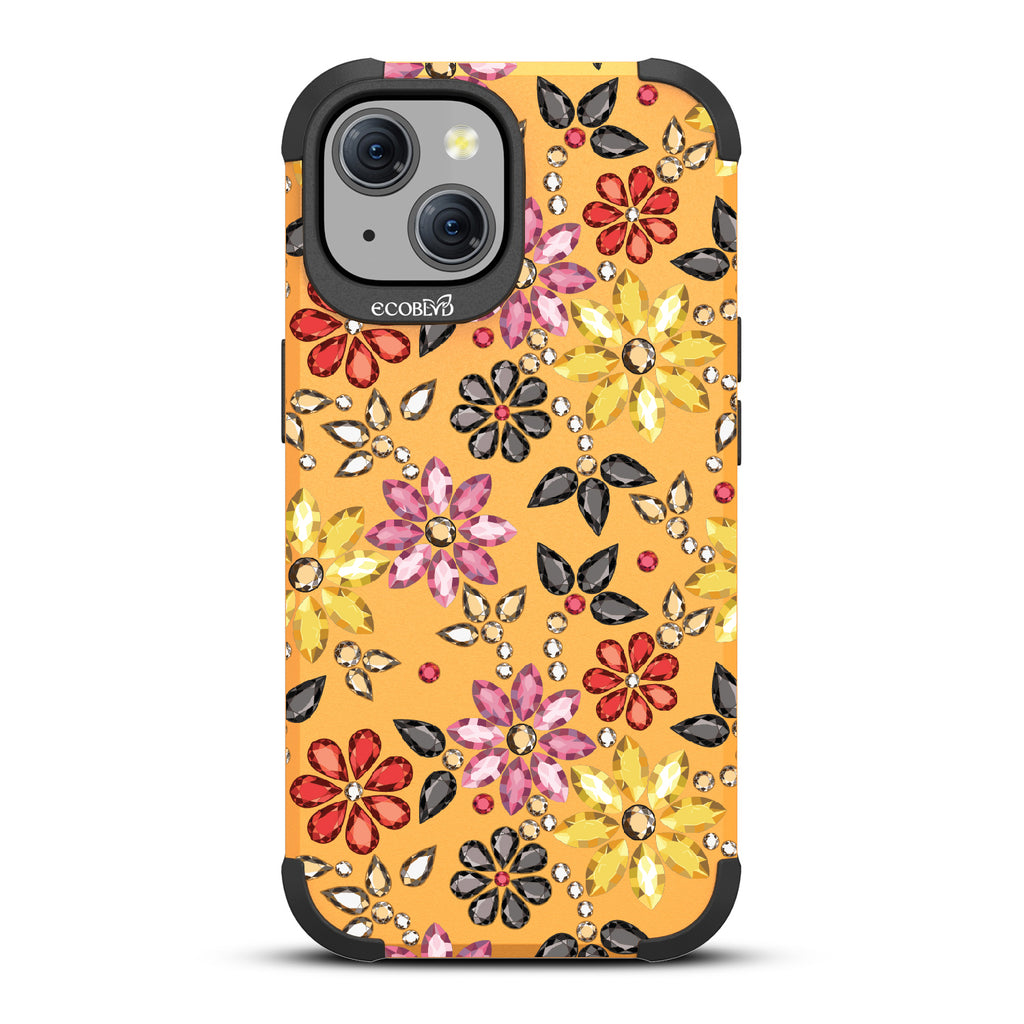 Bejeweled - Rhinestone Jewels In Floral Patterns - Yellow Eco-Friendly Rugged iPhone 15 MagSafe Case